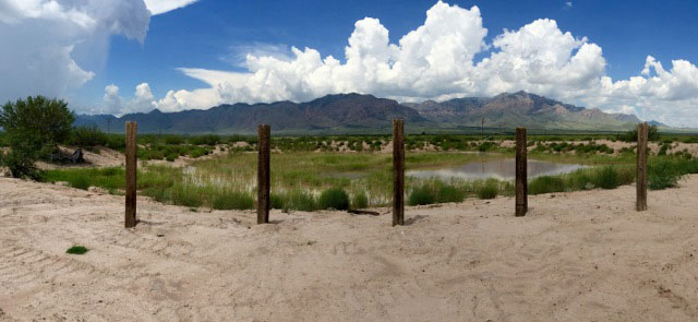Willow Tank with the Chiricahua Mountains in the background and monsoon clouds overhead